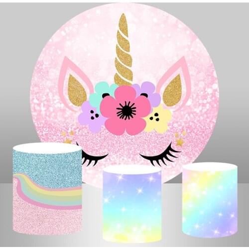 InMemory Cartoon Unicorn Round Circle Backdrops Pink Girl Birthday Party Photography Background Photo Booth Props Elastic 7x7FT