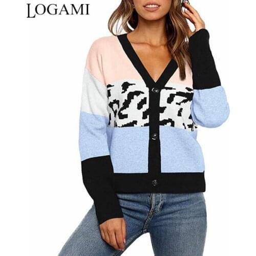 LOGAMI Leopard Print Stitching Contrast Cardigan Women Single Breasted Long Sleeve Sweaters Woman Knitwear