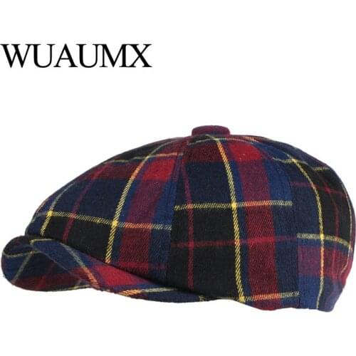 NEW Casual Retro Octagonal Hats For Women Blue Orange Plaid Eight-blade Painters Newsboy Cap For Men Cotton Herringbone Flat Cap