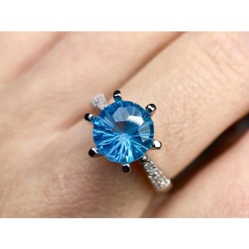 Natural blue topaz gem Elegant simple round Ring S925 Silver Natural Gemstone Ring Men Womens party gift Rings fine Jewelry