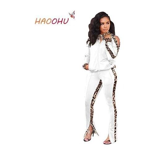 HAOOHU Fashion Leopard Splicing Suit Zipper Trousers slits Off-Shoulder Sports Two-Piece Set 2021 Autumn Winter Womens Clothing