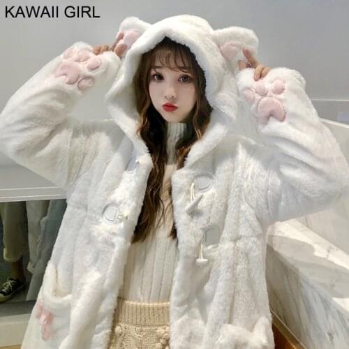Winter Japanese Sweet Girly Lolita Coats Women Kawaii Outwear Warm Soft Plush Cartoon Anime Cute Cat Ears Hooded Jackets 2020