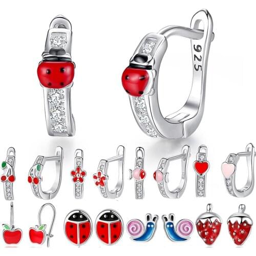 Fashion Silver Animal Ladybug Clover Heart Stud Earrings 925 Sterling Silver Small Earrings for Kids Girls Christmas Jewelry