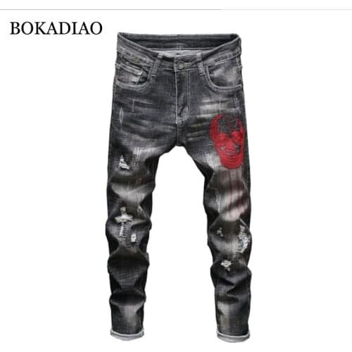 BOKADIAO Man jeans fashion skull Embroidery Straight jeans for men Cotton Distressed Ripped Pants wild Slim denim trousers male