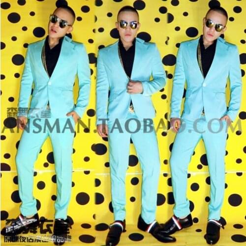 Hot 2019 New Men blazer Hair Stylist Fashion slim Mint blue Blazer suit performance coats formal dress male singer costumes