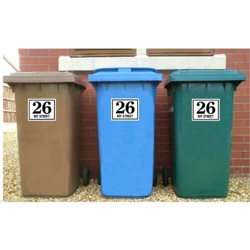 WHEELIE BIN NUMBERS HOUSE ROAD STREET NAME RED BLUE BLACK Stickers Set of 3