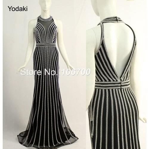 Real Photos Bling Crystal Beaded Mermaid Prom Dresses Halter Deep V Open Back Sheer Illusion Long Party Evening Gowns