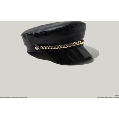 2021 New Fashion Trends Fall and Winter PU Materials British Retro Style Army Cap for Woman Black Golden Chain Service Cap Hats