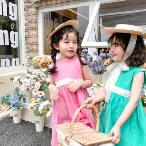 Summer New Arrival korean style girls dress sleeveless princess with big bowknot sweet dress for cute baby girls
