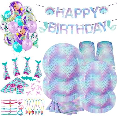 Wayfun Little Mermaid Disposable Tableware Mermaid Birthday Party Supplies 1st Birthday Girl Party Mermaid Decor Baby Shower