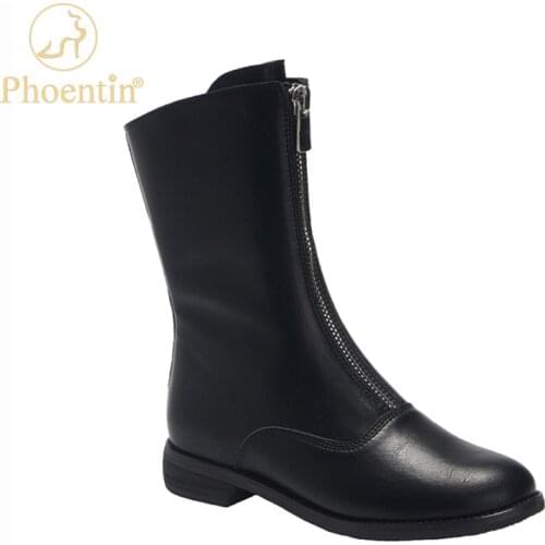 Phoentin Front Zipper autumn womens boots mid calf Retro Shoes Women motorcycle boots ladies Short Booties round toe FT1087