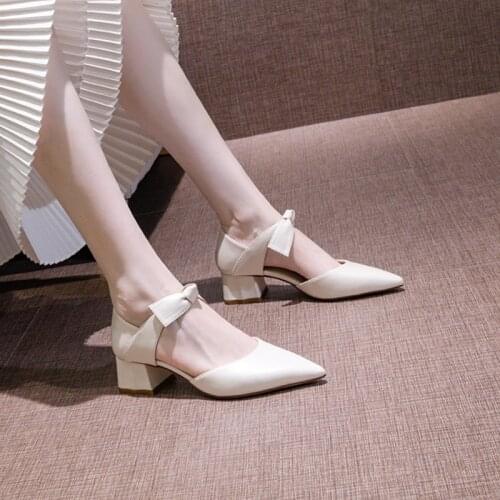 Pointed Toe Breathable High Heels Womens Thick Heel Spring And Summer New Baotou Wild Bow Temperament Medium Heel Shoes Women