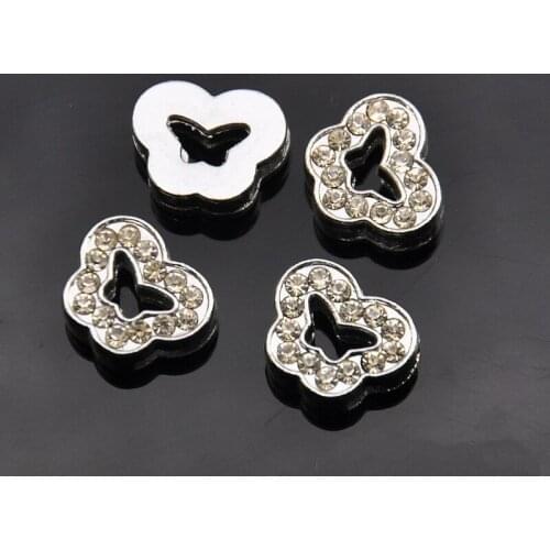 10PCS 8mm Silver Rhinstone Butterfly Slide Charms Slide Beads DIY 8mm Hole Bracelets Wristbands,Belt Straps Pet Name Collar
