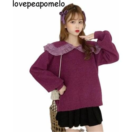 Turn Down Collar Sweater Womens Knit Tops O-neck New Autumn Winter Loose Female Pullover Ruffles Oversize Lady Base Clothes