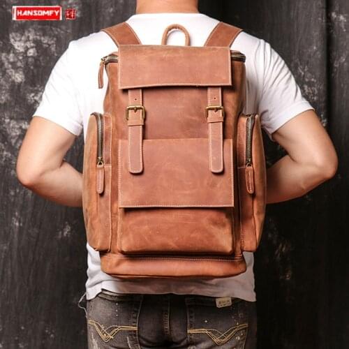 Vintage Genuine Leather Mens Backpack Laptop Shoulder Bag Travel Backpacks Sports Retro Schoolbags Crazy Horse Leather male