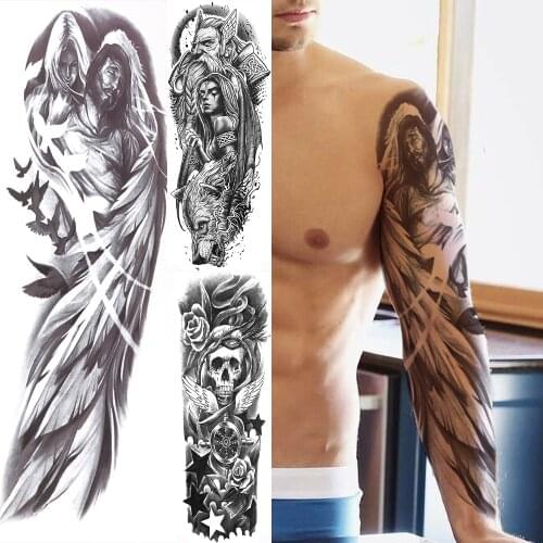 Christ Angel Wings Temporary Tattoo Full Arm Sleeve For Men Women Adult Black Rudder Skull Tattoo Sticker God Fake Tatoos
