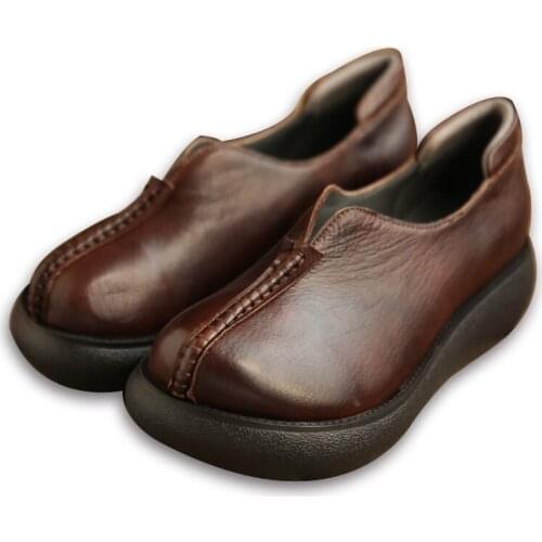 High quality real cowhide fashion retro shallow mouth womens shoes wild round head wedge with shallow mouth flat shoes