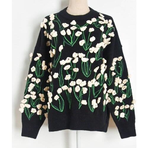 High Quality Autumn Winter Luxury Fashion 3D Flower Embroidery Loose Knitted Black Oversize Sweater Pullover Sweater Clothes