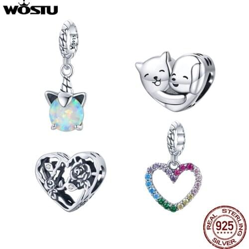 Wostu 925 Sterling Silver unicorn Charms Rainbow Heart Hug Beads fit Original Pando Bracelet DIY Jewelry Gift