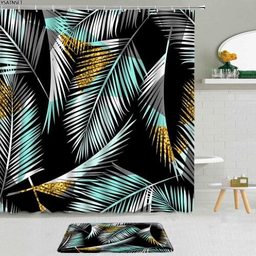 2Pcs Tropical Green Plant Shower Curtain 3D Palm Leaves Colorful Pattern Bathroom Non-Slip Bath Mat Curtains Decor Set Washable