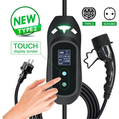 SAE J1772 Type 1 IEC62196 Type 2 EVSE EV Portable Charger 16A Electric Vehicle Charger Touch Screen 3.6kw Home use Car Charger