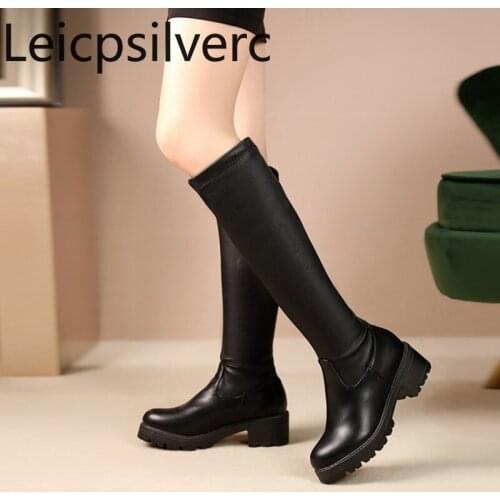 Womens Boots The New winter fashion Round head mid heel High tube Womens shoes plus size 34-44 Heel Height 5cm black White