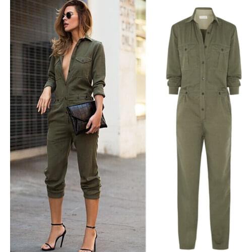 Women Slim Bodycon Jumpsuit Long Sleeve Skinny Rompers Female Streetwear Vintage Casual Cargo Pants Bodycon Army Green Solid