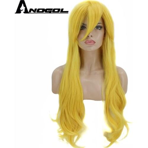 Anogol High Temperature Fiber Long Natural Wave Lemon Yellow Peach Synthetic Princess Cosplay Wig For Women Halloween Party