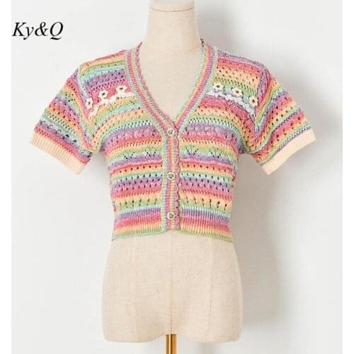 Brand Chic Rainbow Strip Thick Needle Hollowed Out Knitted Cardigans Women Short Sleeve V-Neck Little Flower Tops Clothing