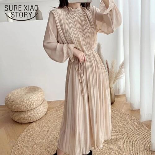 Plus Size Pleated Chiffon Dress Women Elegant Spring Autumn Long Dress Korean Style Loose High Waist Waistband Vestidos 12536