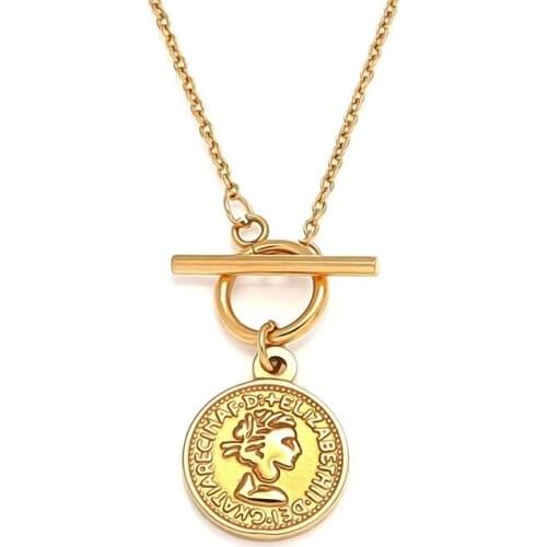 Vintage Coin Necklace For Women Stainless Steel Toggle Necklace Metal Elizabeth Medallion Pendant Choker Jewelry Collier