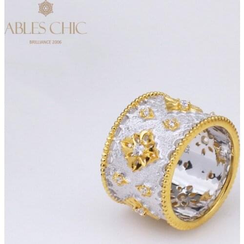 18K Gold Tone 925 Silver Renaissance Vintage Silky Brushed Wide Rings Starry Engraving Rich Detail Wedding Premium Fine Jewelry