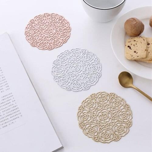 4pcs Rose Flower Coffee Cup Coasters Hollow PVC Placemat Heat Resistant Meal Mat No Slip Dining Table Line Mats Steak Plate Pads