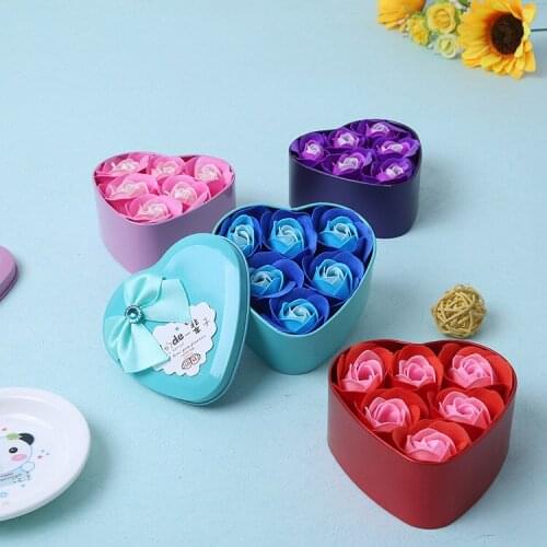 100pcs Bouquet Gift Box Color Soap Flower 6 Roses Heart Shaped Tin Boxes Company Event Gifts W0170