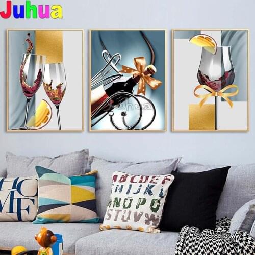 Diamond painting Golden art wine glass bottle 3 pcs full square drill mosaic picture of rhinestones Diamond embroidery Triptych