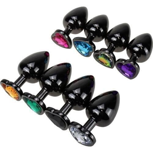 Anal Plug Plating Black Metal Romantic Heart Crystal Base Smooth Butt Plug Anal Bead Couple Anus Dilator Metal Ball Massager