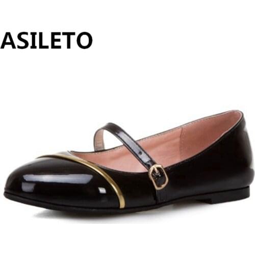ASILETO ballerina Flats Women Mary Jane buckle leather Shoes Flat with Girl School Shoes ballet Flats white Black Big Size 43
