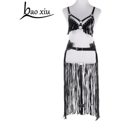New fashion PU faux leather body Bondage Cage rivet Straps personality Fetish Cosplay Punk Gothic Tassel Leather Dress Suspender