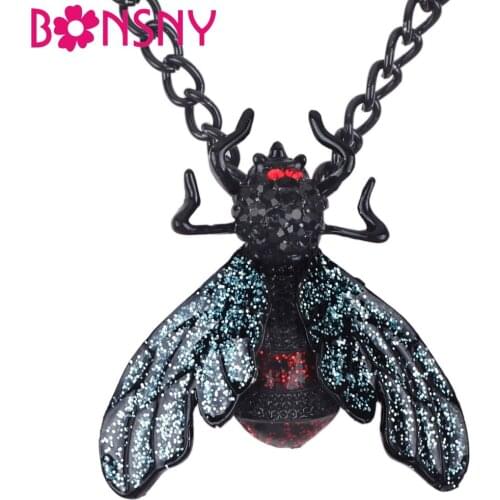 Bonsny Enamel Alloy Shiny Bee Insect Necklace Pendant Chain Choker Fashion Novelty Jewelry For Women Girls Lady Accessory Bulk
