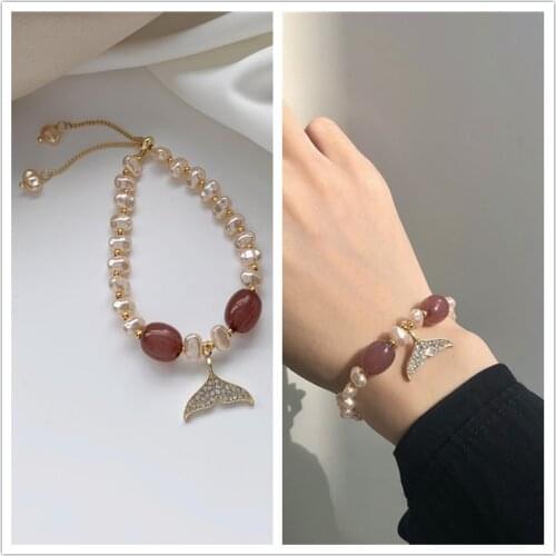 Romantic Pearl Chain Rhinestone Inlaid Mermaid Fish Dolphin Tail Fin Bracelet Bangle Wrist Jewelry Bracelets for Women Girl Gift