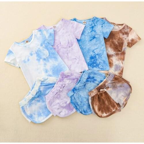 Childrens Casual Suit, Tie-dye Print Round Neck Short Sleeve T-shirt, Elastic Waist Bow Loose Shorts 1-6T New Style 2021