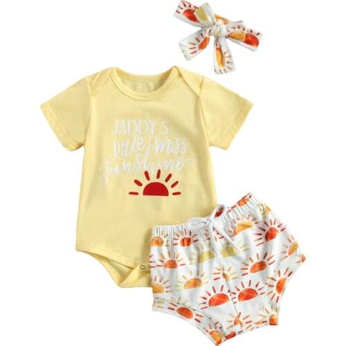 Baby Girls Three-Piece Suit Print Round Neck Short Sleeve Romper + Shorts + Headwear for Birthday Party Childrens Clothing Set
