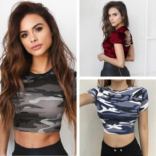 2020 Summer Fashion Boutique Womens Round Neck Print Short-sleeved Slim Wilds Sexy Short Section T-shirt Hollow Out Casual Top