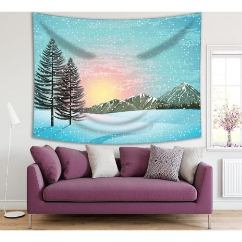 Tapestry Sunset Snowy Winter Day Landscape with Larches Trees Forest and Mountains Nature Artwork