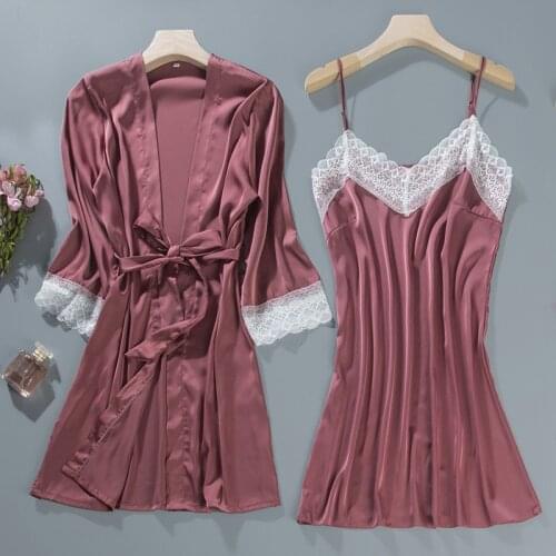 Satin 2PCS Sleep Set Nighty&Robe Suit Silky Sleepwear Kimono Bathrobe Gown Female Nightgown Sexy Lace Home Clothes Nightdress