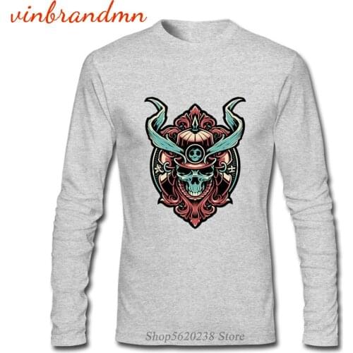 Samurai Mens Long Sleeve T Shirts Skull Samurai Graphic T-Shirt Japanese Rurouni Samurai Printed Tee Shirts Samurai Hip Hop Tee