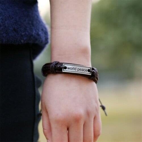 Eif Dock Vintage Nameplate Charm Bracelet for Men World Peace Leather Rope Chain Bracelets Bangles Best Friends pulseira