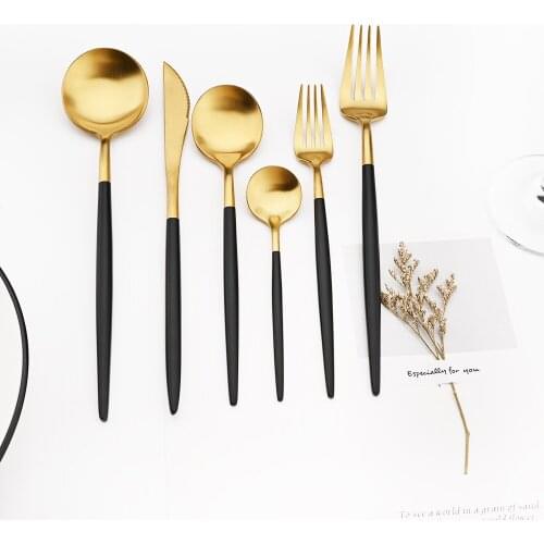 304 Black Gold Stainless Steel Cutlery Set Knife Fork Spoon Dinnerware Set Teaspoon Dinner Fork Flatware Kitchen Silverware Set