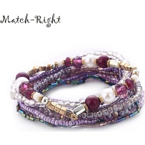 Match-Right Women Bohemia Jewelry of Multilayer Elastic Weave Set Bracelets & Bangles with Beads Charm Wrap Bracelet LG-082