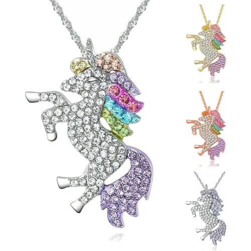 Cute Colorful Cartoon Unicorn Pendant Necklace For Girls Children Kids Fashion White Crystal Necklace Women Wedding Band Jewelry